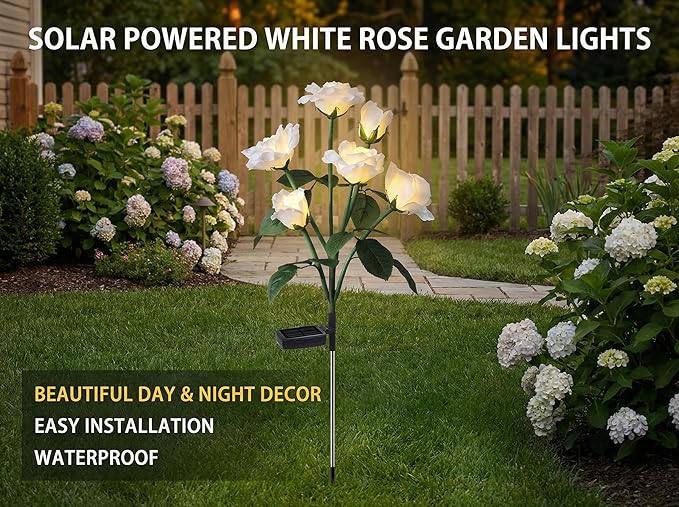 Solar Garden Rose Lights by FANCYPOP, 2 Pack Most Realistic 12 LED Flower Stake Lights, IP65 Waterproof 7 Color Changing Solar Decor for Walkway/Graveyard, Heartwarming Gifts for Grandma & Mom, White