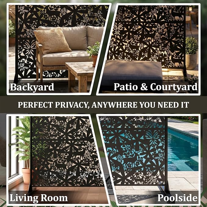 Metal Privacy Screen Outdoor 6FT – Freestanding Laser Cut Steel Garden Divider Panel with Stand, Decorative Modern Privacy Screen for Patio, Deck, Backyard & Balcony, Rustproof & Weather-Resistant