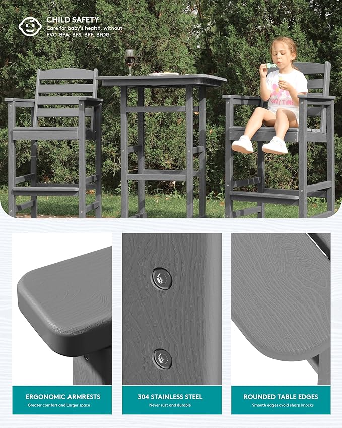 SERWALL 6 Pieces Outdoor Patio Bar Set with 9ft Umbrella, Outdoor HDPE Barstool and Table Furniture Set with Patio Umbrella, Gray