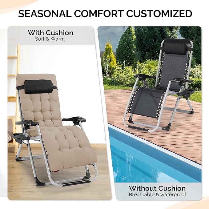 VINGLI Padded Zero Gravity Chair, Lounge Chair with Removable Cushion & Tray， Folding Reclining Patio Chairs， Recliner Chair for Lawn，Indoor Outdoor-Khaki