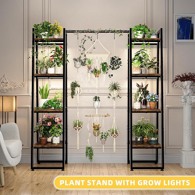Simple Trending Plant Stand Indoor with Grow Lights, 4 Tier Large Hanging Plant Shelf for Plants Multiple, Metal Ladder Display Holder for Home Patio, Black