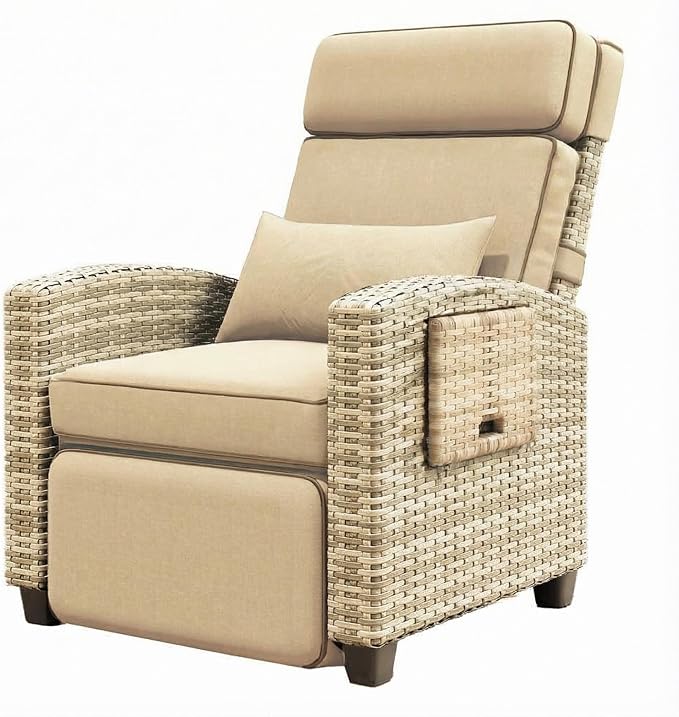 Towallmark Adjustable Rattan Recliner Chair, Patio Lounge Chairs with Cushion, Outdoor Porch Chaise with Flip Up Side Table & Footrest for Porch, Outside Balcony, Deck