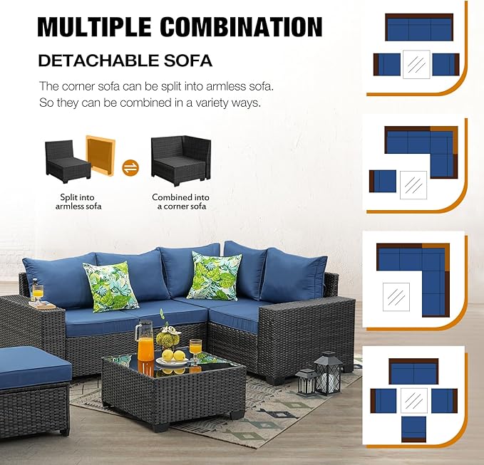 6 Pieces Patio Furniture Set All-Weather Outdoor Wicker Sectional Conversation Sofa Rattan Patio Seating Sofa with Cushion and Glass Table for Porch Poolside,Navy