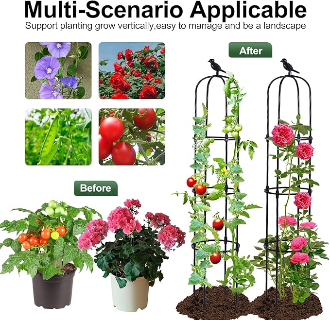 Lalahoni Garden Obelisk Trellis for Climbing Plants Outdoor, 6ft Round Rose Trellis for Pots, Metal Plant Support for Clematis, Jasmine, Ivy, Decorative Outdoor Trellis, Black, 1Pack