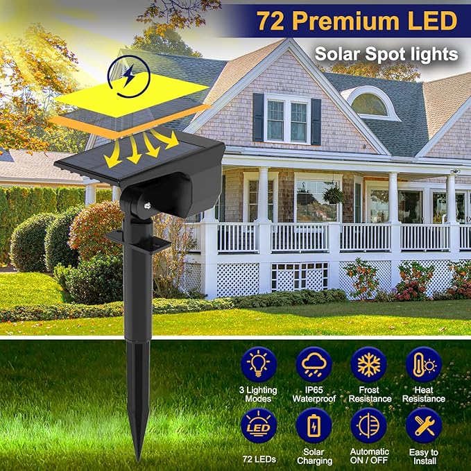 LOTMOS Solar Spot Lights Outdoor Waterproof IP67, 10 Pack Landscape Spotlights with 72 LEDs，3 Modes/ 2-in-1/Auto On/Off Solar Powered Flood Lights for Outside Garden Lawn Patio Driveway (Warm White)