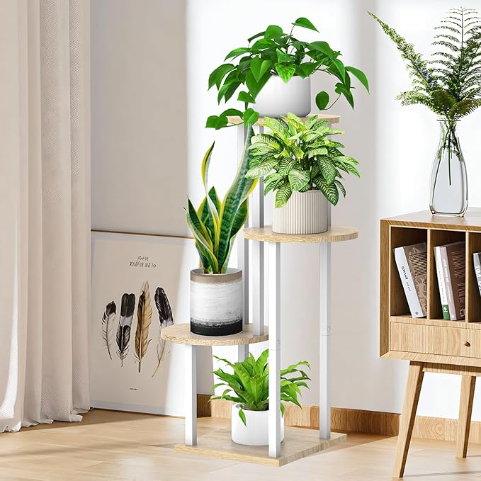 Plant Stand Indoor, 4 Tier Thickened Metal Corner Plant Shelf for Multiple Plants, Indoor Plants Tiered Flower Pot Stand for Patio Garden Balcony Living Room Bedroom (White Oak)