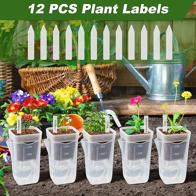 12 Pack Self Watering Pots Set for Indoor Plants, 2.5" Small Clear Self Watering Planters with Watering Holes Plastic Flower Pot with 12 Labels, 12 Ropes