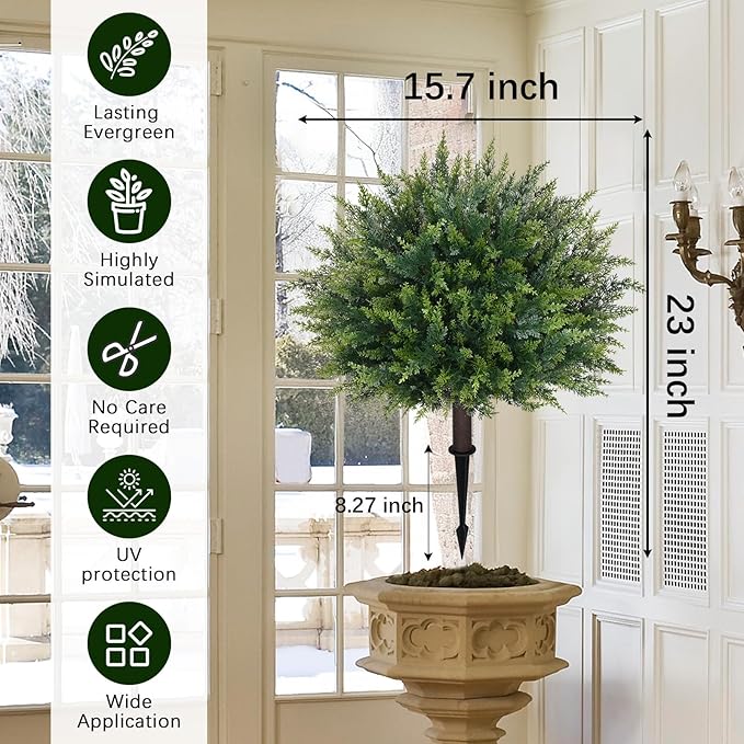 Waipfaru Artificial Plants Outdoor, 2Pcs 23'' Artificial Cedar Topiary with Ground Spike, UV-Resistant Fake Plants Fake Bushes Shrubs for Outdoor Indoor Garden Front Porch Decor