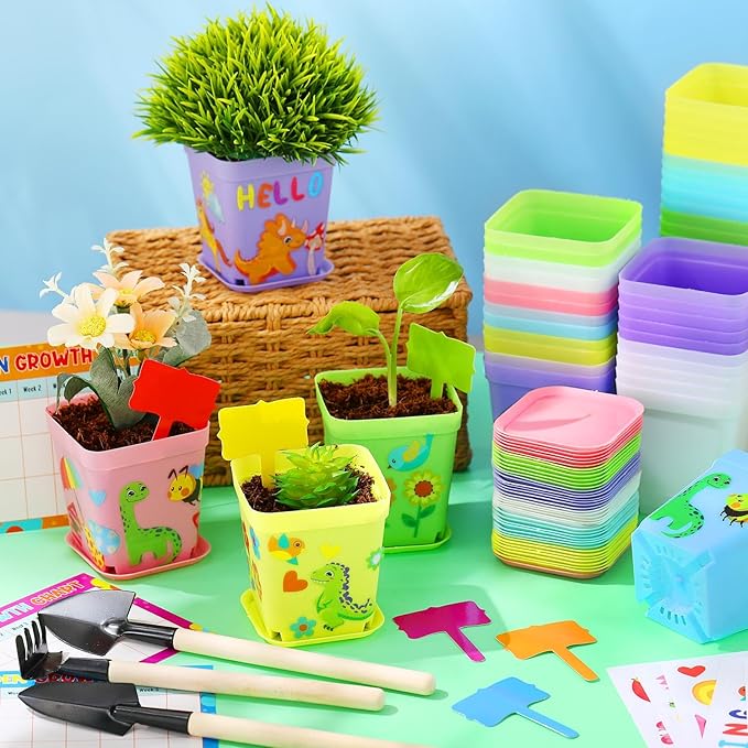 Capoda 48 Sets Garden Flower Pots Crafts Kit DIY Spring Plastic Seedling Nursery Pots with Stickers Plant Labels Growth Charts Planting Growing Tools Classroom Activities Project Gifts (Square)