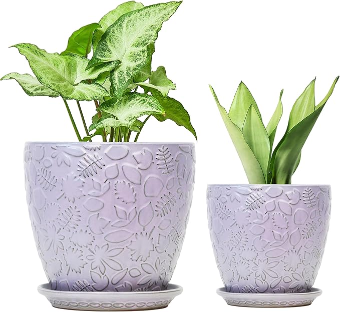 8 Inch + 6 Inch Retro Ceramic Planter Set of 2 with Drainage Hole and Saucer for Multiple Plants, Indoor-Outdoor Garden Pots for Succulent, Orchid, and Flower (Retro Purple)