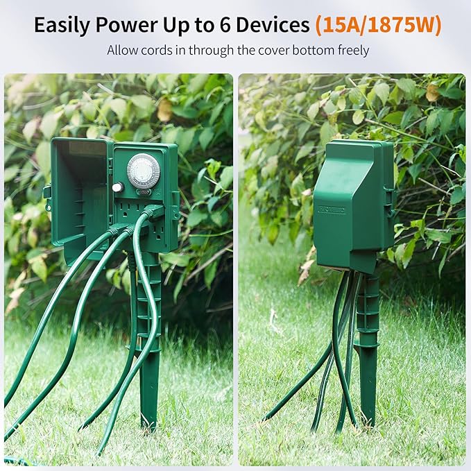 SURAIELEC Outdoor Power Stake, 24-Hour Mechanical Light Timer, Electrical Power Strip Weatherproof, 6FT Extension Cord Multiple Outlet Plug for Patio Lights, Christmas Decorations, Outdoor Light
