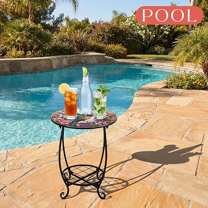 Outdoor Side Table Round Small Mosaic Patio Accent Indoor End Plant Coffee Tea Table for Yard Patio Porch Garden Living Room, Bedroom(Hummingbird Style,16 Inch)