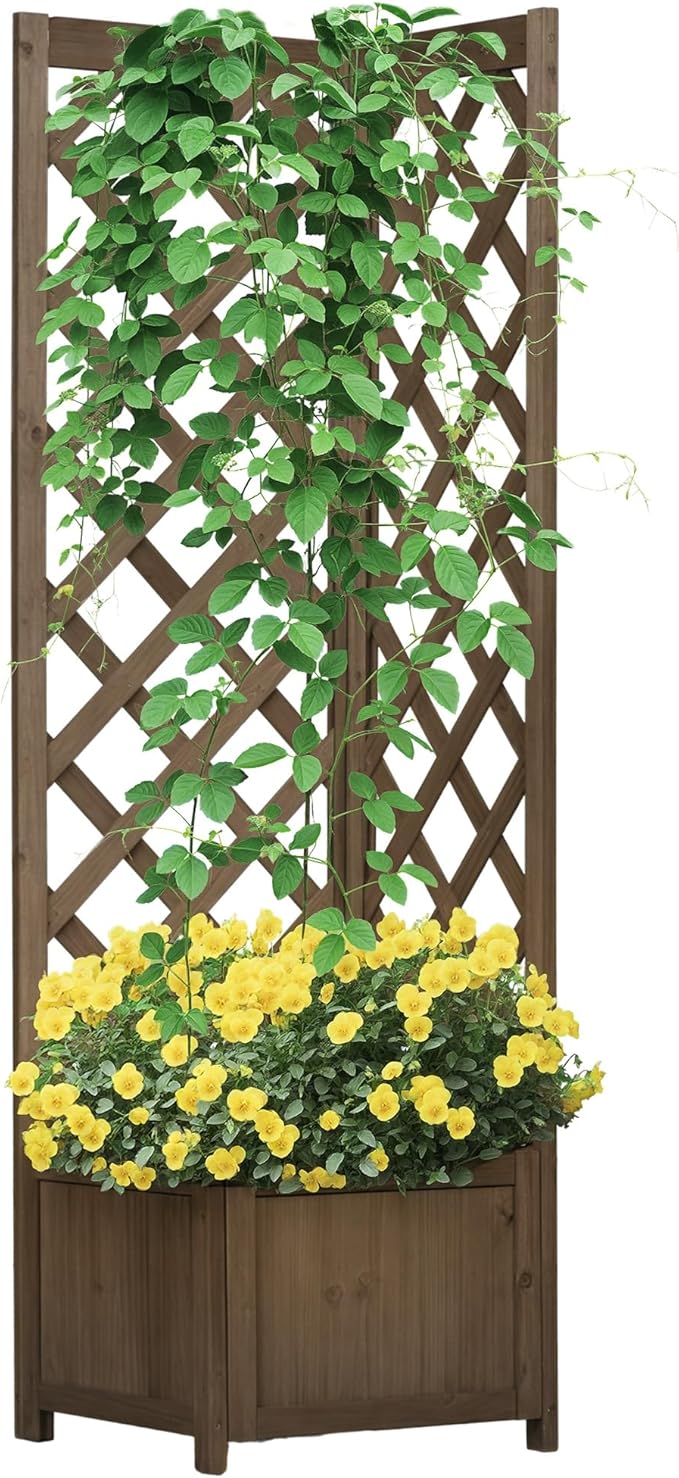 Outsunny Wooden Raised Garden Bed with Trellis, 57" Freestanding Corner Planter Box for Vine Plants Flowers Climbing and Planting Carbonized