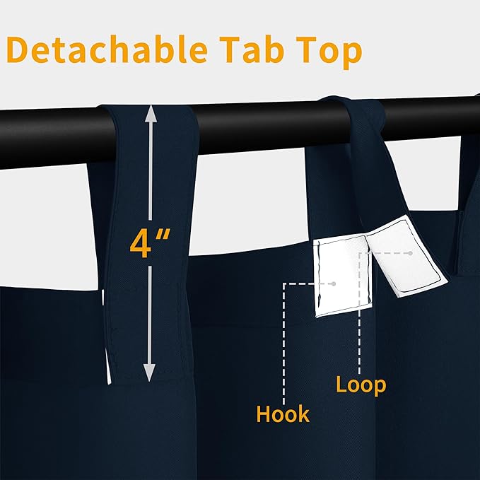 Easy-Going Outdoor Patio Curtains Detachable Tab Top Windproof Weatherproof Curtain for Cabana, Porch, Pergola and Gazebo, Tab Bottom Drape, 2 Panels, 110W x 108L inch, Navy