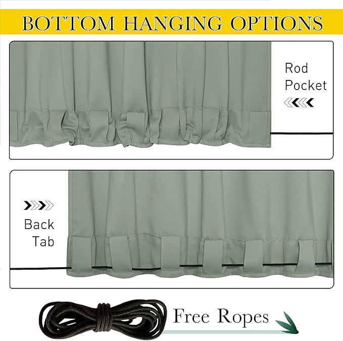 NICETOWN 2 Panels Outdoor Curtains for Patio Waterproof 108 inches Long, Windproof Thermal Insulated Top & Bottom Pocket & Back Tab Blackout Drapes with Rope for Fixed, Sage Green, W52 x L108
