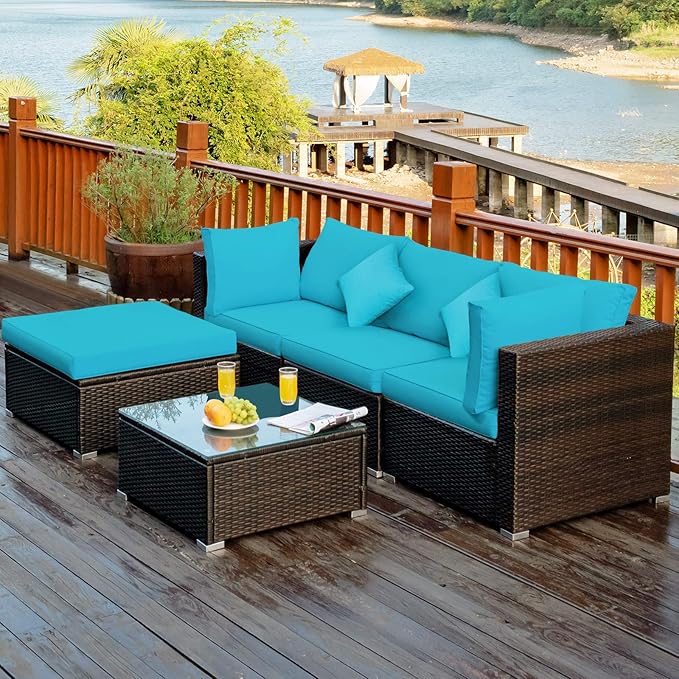 Tangkula 5 Pieces Patio Rattan Furniture Set, Outdoor Sectional Rattan Sofa Set with Back & Seat Cushions, Wicker Conversation Set with Tempered Glass Table for Backyard Porch Poolside (Turquoise)