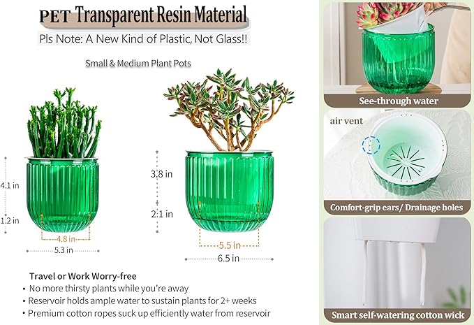 Melphoe Self Watering Pots for Indoor Plants Planter, 6.5/5.3 Inch 2 Pack Planters Self Watering Plant Pots for Flower, Houseplants, Succulent, African Violets and Cactus with Drainage