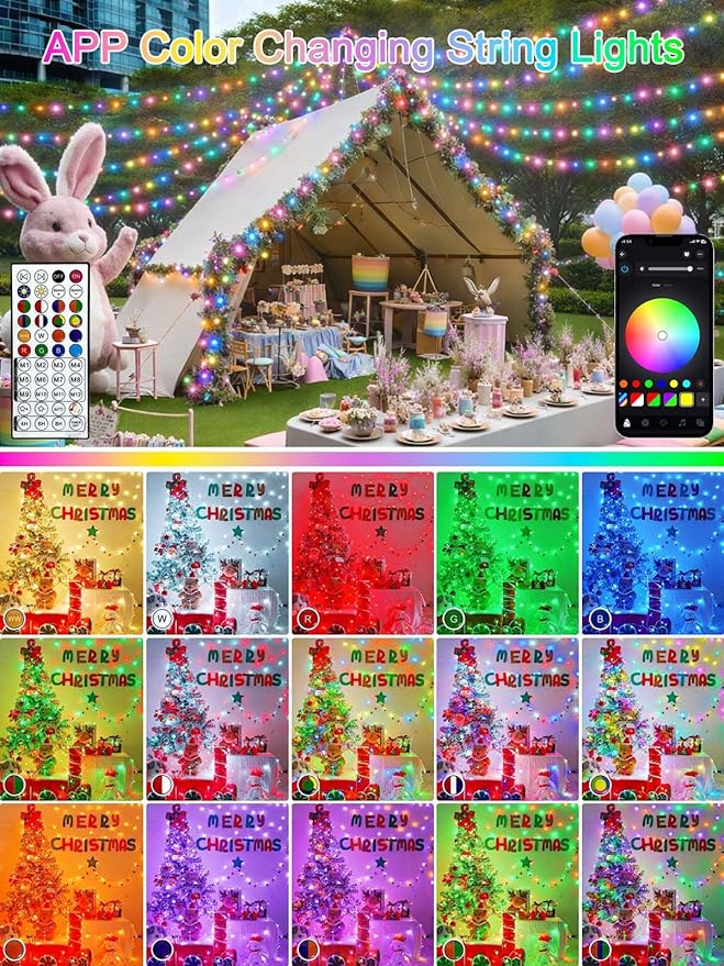 Smart Color Changing Easter Lights with Remote & App Control, 66FT 200LED RGB Pastel String Light with Timer, Music Sync Multiple Modes Twinkle Christmas Light Waterproof Indoor Outdoor Easter Decor