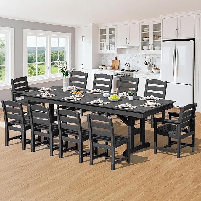 SERWALL 11 Piece Outdoor Dining Set, 84" HDPE Outdoor Table and Chairs for 10，All Weather Patio Furniture Set with Umbrella Hole for Backyard, Garden, Black