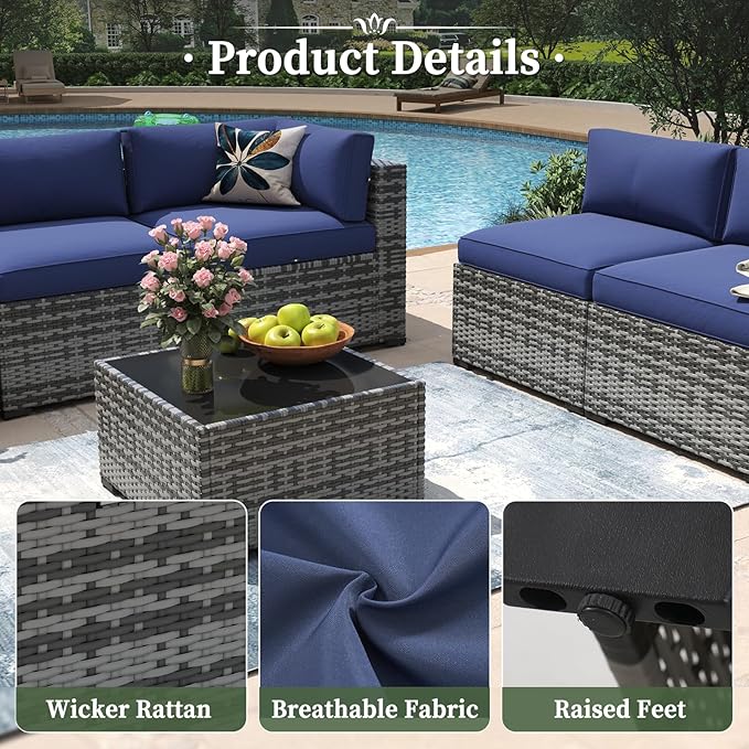 Aoxun 10 Piece Patio Furniture Set Wicker Rattan Patio Conversation Set Outdoor Sectional Sofa Set with Coffee Table and Thickened Cushions, Gray/Blue (Waterproof Cover Included)