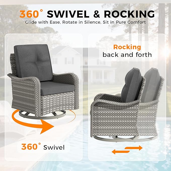 14-Seat Outdoor Wicker Patio Furniture Set with Fire Pit Table, Modular Rattan Sectional Sofa & 2 Swivel Rocking Chairs, 4" Thick Cushions, Rust-Resistant Frame,Black