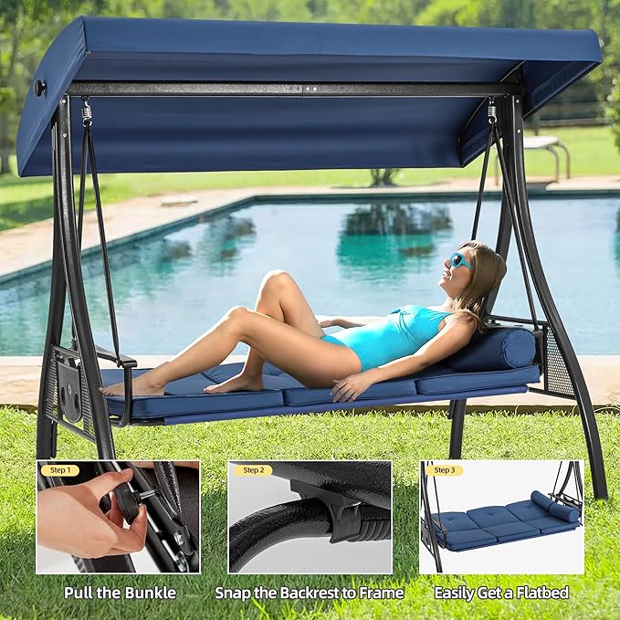 HOMREST 3 Seat Outdoor Porch Swing with 1.5" Deepened Cup Holder, Adjustable Canopy, Patio Swing Bed with Stand, Patio Glider Swing with Thicken Cushions, Pillow for Yard, Garden(Blue)