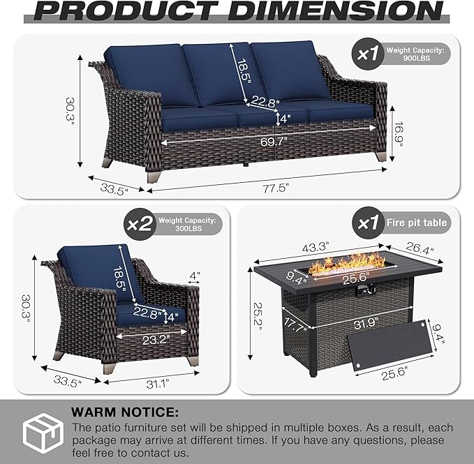 Joyside Wicker Patio Furniture Sets, 4 Pieces Upgraded Large Size Outdoor Furniture with Patio Dining Chair, 3-Seat Sofa, Fire Table,Thick Cushions, Wide Armrest, Blue