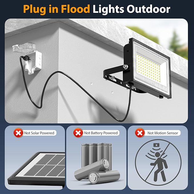 Onforu 80W Flood Lights Outdoor, 8000lm Bright LED Work Light with Plug, 6500K Daylight White LED Flood Lighting, IP66 Waterproof Security Yard Lights for Garage Stadium 2 Pack