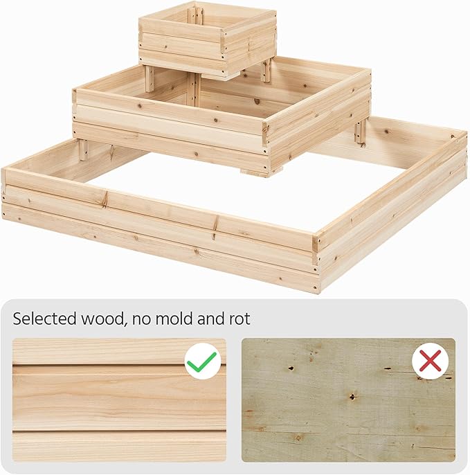Yaheetech 3 Tier Wooden Raised Garden Bed 44.5'' L×44.5″ W×20.5″ H, Horticulture Open-Bottom Planter Raised Garden Bed for Flowers/Herbs/Vegetables Planter Flower Box