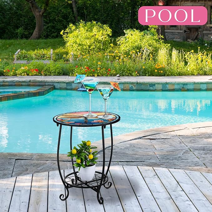 Outdoor Side Table Round Small Mosaic Patio Accent Indoor End Plant Coffee Tea Table for Yard Patio Porch Garden Living Room, Bedroom(Dragonfly Style,12 Inch)