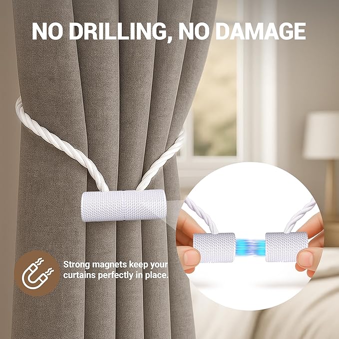 Hion Magnetic Curtain Tiebacks White 4 Pack, Curtain Tiebacks Buckles Holdbacks Holders Hooks Clip for Home Bedroom Office