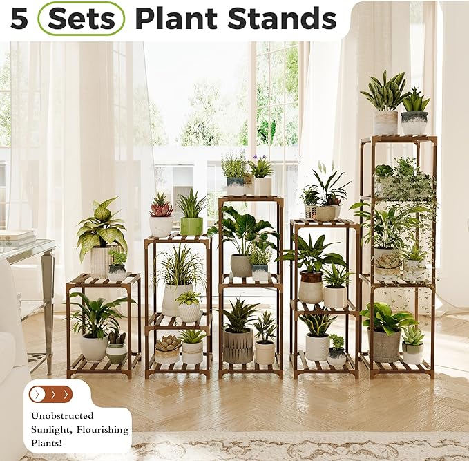 Bamworld 5 Sets Plant Stands Indoor Outdoor Combo Plant Shelves Wooden Plant Holder Rack for Multiple Plants Flower Stands for Living Room Balcony Garden Patio Lawn Window