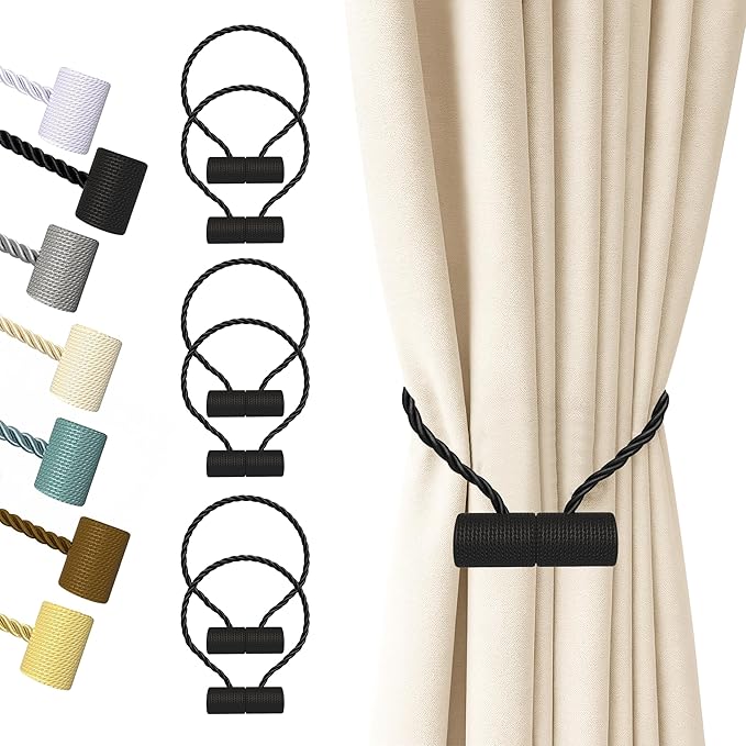 Hion Magnetic Curtain Tiebacks Black 6 Pack, Curtain Tiebacks Buckles Holdbacks Holders Hooks Clip for Home Bedroom Office Decorative Thick or Thin Curtain
