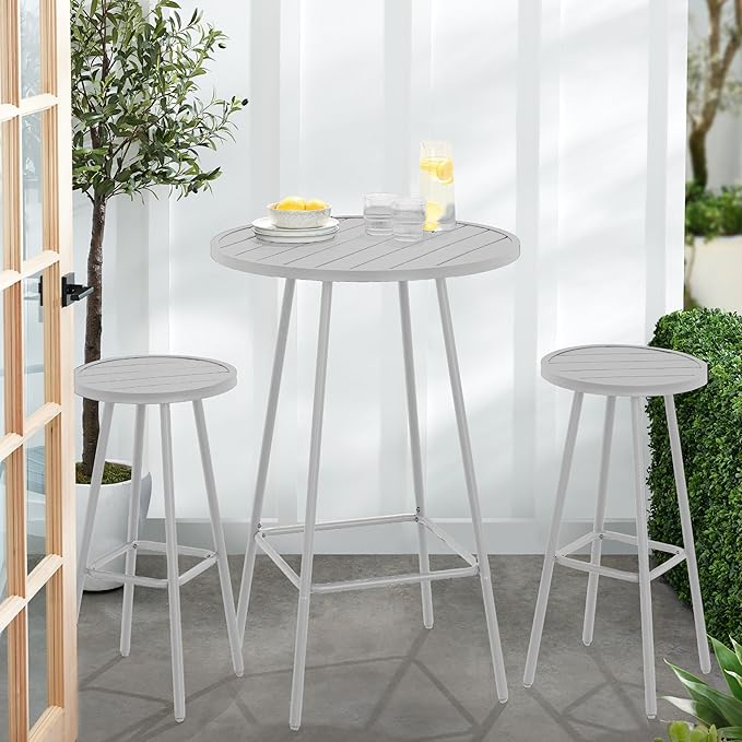 Best Choice Products 3-Piece Patio Dining Set, Bar Height, Outdoor Bistro Set, Outdoor Round Bar Table w/ 2 Bar Stools, Steel - White