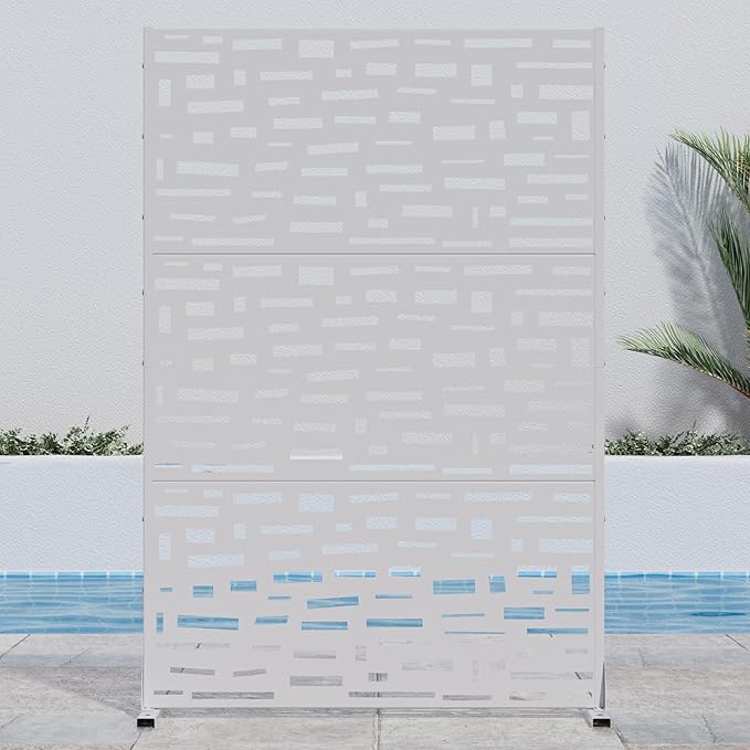 Casaphoria Metal Privacy Screen Outdoor, 72" H x 47" W Freestanding Decorative Privacy Screen for Patio Deck Balcony Garden with Stable Base, White-Gerald