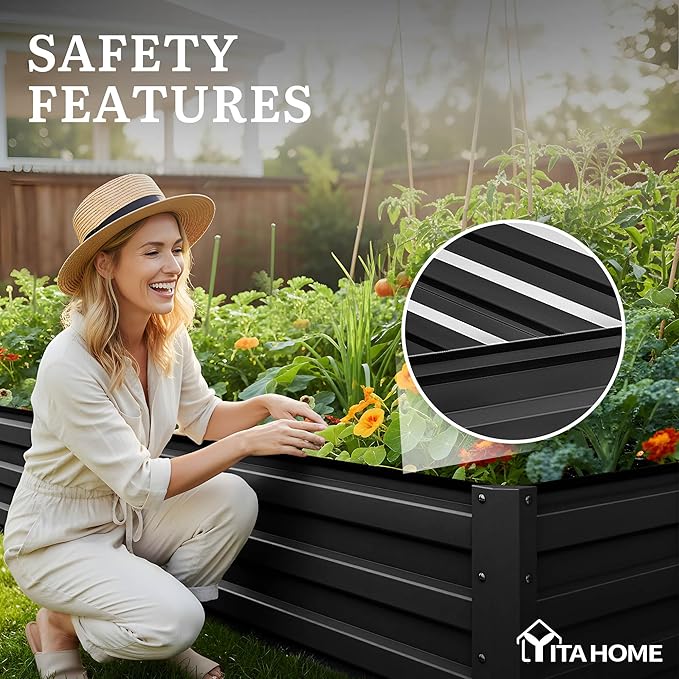 YITAHOME 6pcs 12x4x1 ft Galvanized Raised Garden Bed Kit, Large Metal Planter Box with Gloves, Safety Rubber & Support Rod, Outdoor Flower Bed for Plants Vegetables, Black