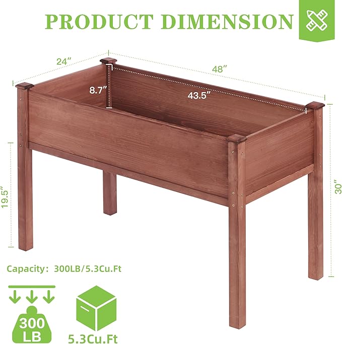 Raised Garden Bed with Legs, 48x24x30'', Outdoor Wood Elevated Planter Box, Thick Legs, w/Liner