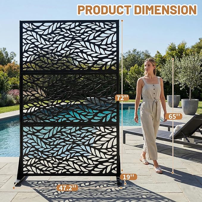 VINGLI Privacy Fence Panels, 72H’’ x 47W’’ Metal Privacy Screen Freestanding, Decorative Privacy Panels for Patio Garden Pool, Outdoor & Indoor (Leaf)
