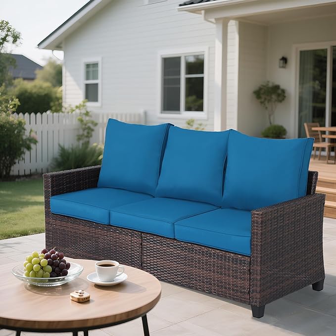 Rattan Outdoor Sofa 3-Seater - PE Woven Patio Couch with Waterproof Blue Cushions, Heavy-Duty Steel Frame for Garden, Poolside Outdoor Wicker Furniture