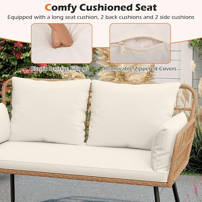 Tangkula Patio Wicker Loveseat, Outdoor Rattan 2-Seat Cushioned Sofa with Heavy Duty Metal Frame, for Backyard,Porch,Poolside (Off White)