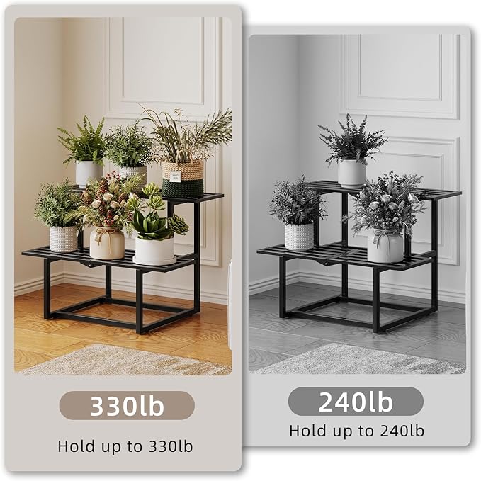 Metal Plant Stand, Foldable Heavy Duty Indoor, Window Iron Plant Shelf - Mid Century Modern Slatted Display for Patio,Garden, Living Room Load Bearing 330 lbs 26" L x 20.2" H x 17.7" W2 Tier Black