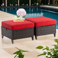 Joyside Patio Ottoman Set of 2, All Weather Outdoor Rattan Ottomans Patio Footstools with Removable Cushions for Garden Backyard Porch (Red)