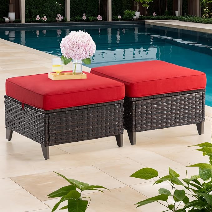 Joyside Patio Ottoman Set of 2, All Weather Outdoor Rattan Ottomans Patio Footstools with Removable Cushions for Garden Backyard Porch (Red)