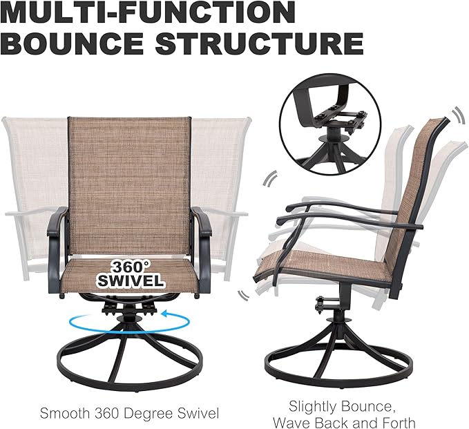 NUU GARDEN 7 Pieces Outdoor Dining Sets, Textilene Swivel Patio Table and Chairs All-Weather Outdoor Furniture Set for Lawn, Backyard, Balcony, Black and Brown
