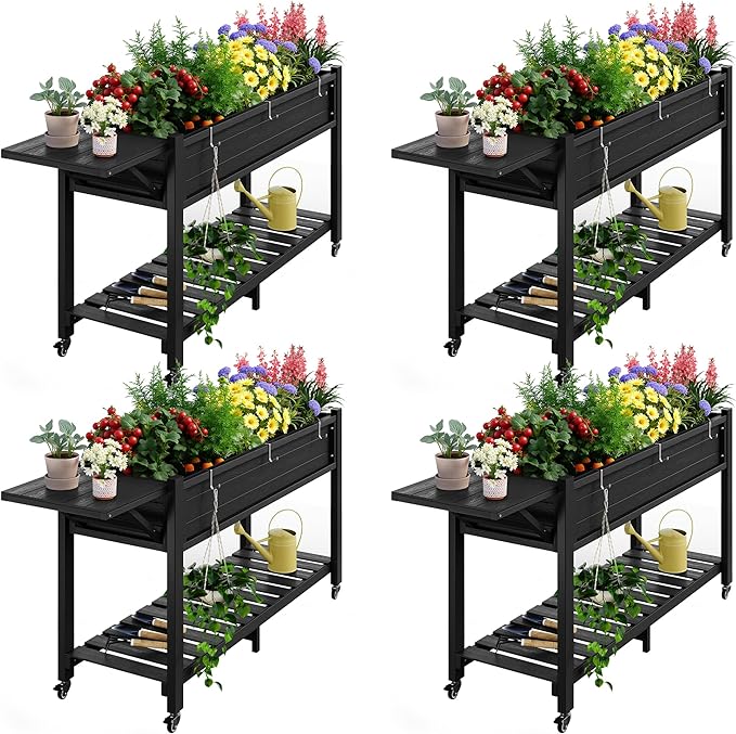 YEFU Raised Garden Bed with Legs: 57x18x30in Elevated Poly Planter with Wheels,Waterproof Mobile Raised Bed Garden, Elevated Planter Box Stand with Storage Shelf,For Deck,Patio,Porch,Yard (Black,4pcs)