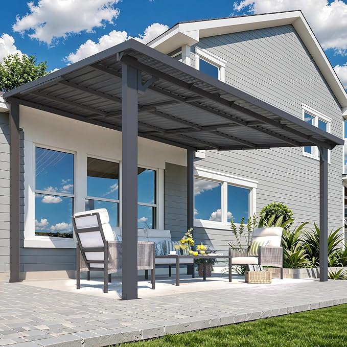 AECOJOY 12' x 10' Outdoor Hardtop Pergola Gazebo for Patio, Large 10x12 Galvanized Steel Heavy Duty Lean to Gazebo, Wall-Mounted Pergolas and Gazebos Clearance, Metal Patio Roof Awnings for Backyard