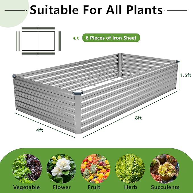 8x4x1.5FT Galvanized Raised Garden Bed,Vegetable Boxes-Rectangle Metal Flower Box,Large Planter Raised Beds Outdoor Garden for Planting,Fruit,Herb-Silver