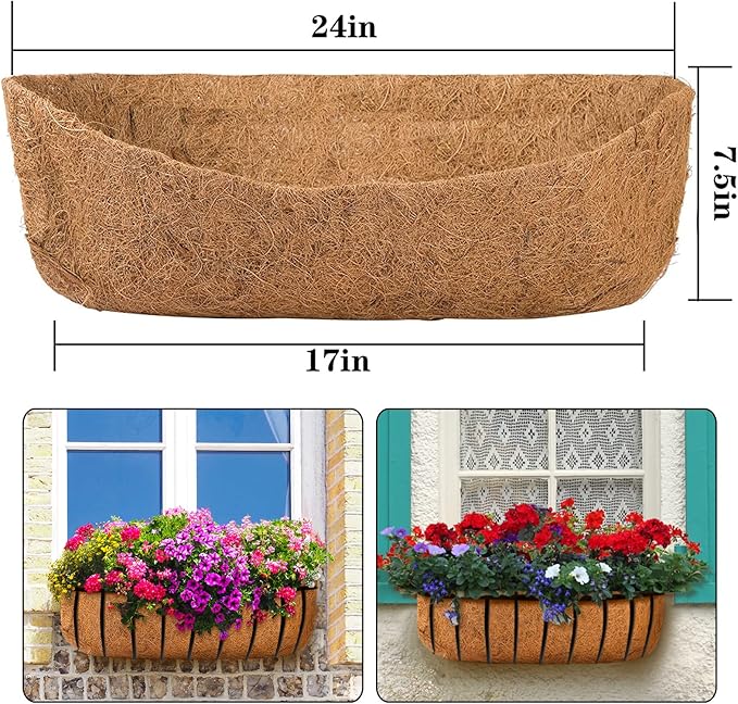 4 Pack Coco Liners for Window Planter Box - 24in 100% Natural Coconut Coir Fiber Liner Replacement for Deck Flower Box, Garden Railing Fence Trough, Wall Planter Basket, Vegetables Pot