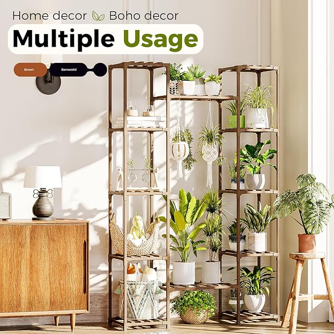 Bamworld Large Plant Stand Indoor Tall Plant Shelf Outdoor Corner Plant Holder for Multiple Plants Flower Stands for Living Room Balcony and Garden