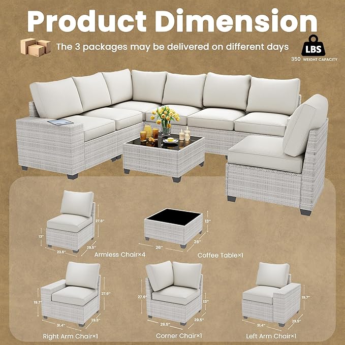 9 Piece Outdoor Patio Furniture Set with 43'' Fire Pit Table, Outdoor Sectional Furniture, Rattan & Wicker Modern Modular Conversation Set Sofa Couch W/Water Resistant Washable Thick Cushions, Beige